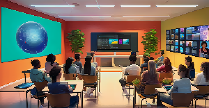 A virtual classroom with diverse students collaborating on projects, surrounded by colorful screens and plants.