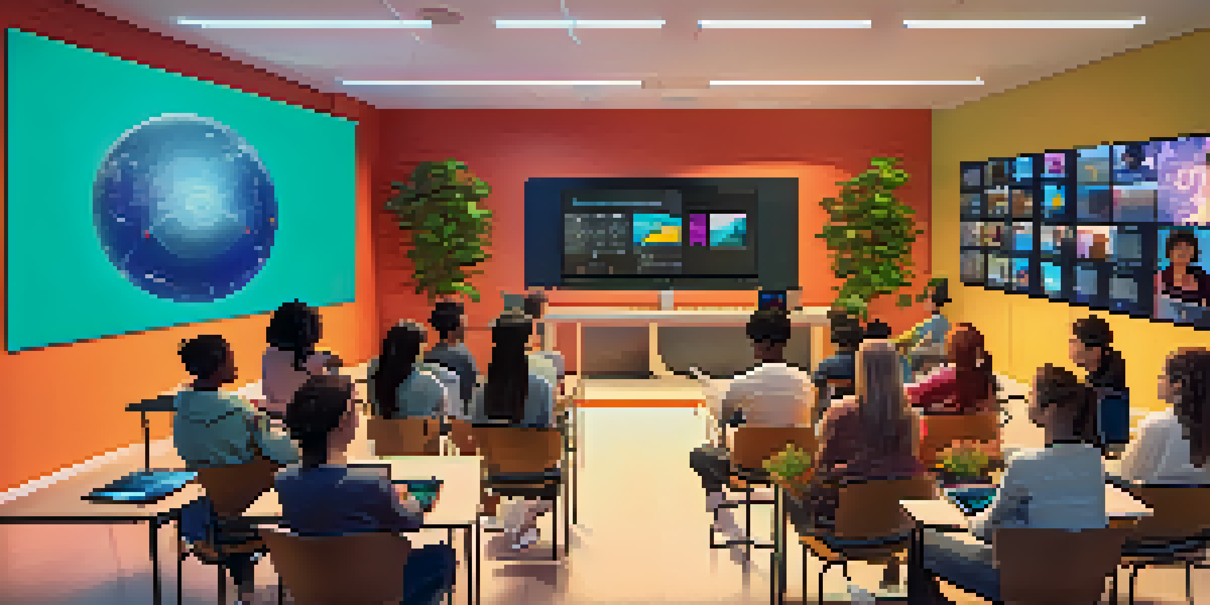 A virtual classroom with diverse students collaborating on projects, surrounded by colorful screens and plants.
