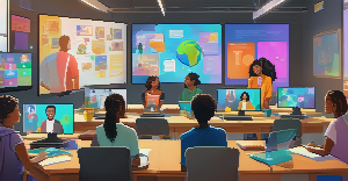 A virtual classroom scene with diverse students engaged in a video call, showcasing interactive elements and a vibrant atmosphere.