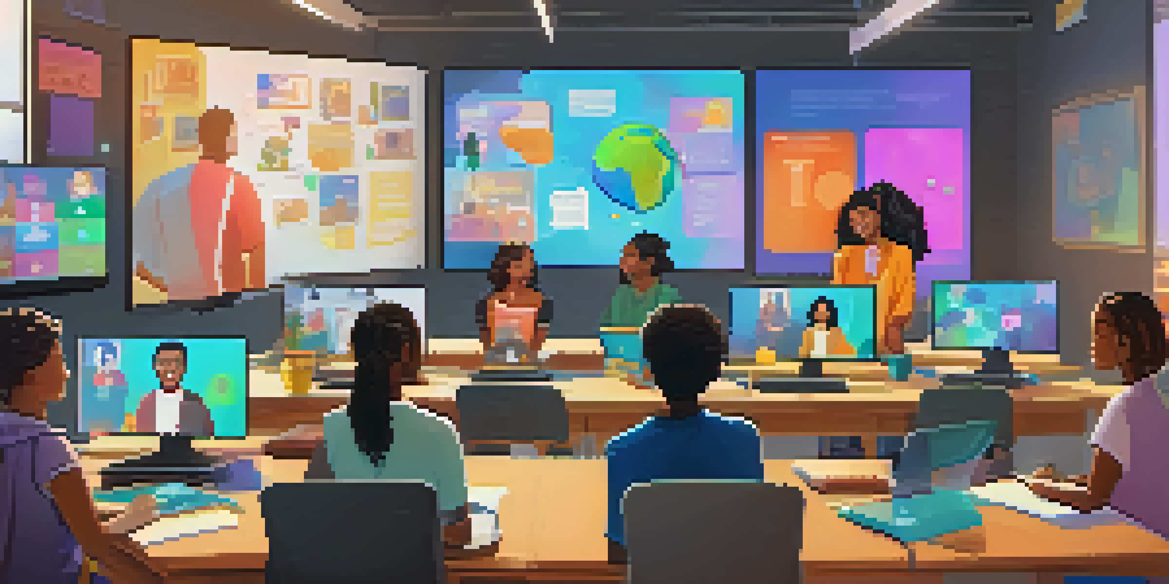 A virtual classroom scene with diverse students engaged in a video call, showcasing interactive elements and a vibrant atmosphere.