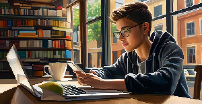 A focused student using a laptop and smartphone in a cozy café, with books and a cup of coffee around, emphasizing mobile learning.