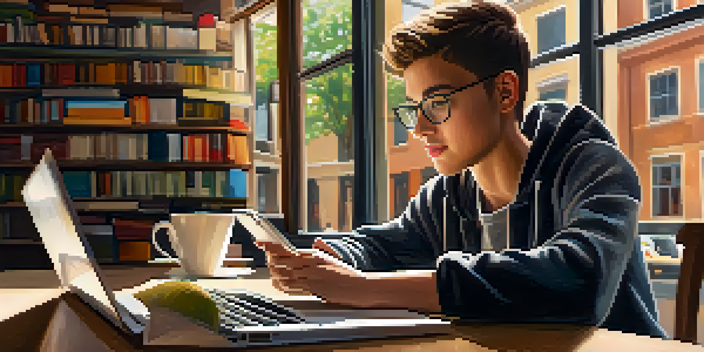 A focused student using a laptop and smartphone in a cozy café, with books and a cup of coffee around, emphasizing mobile learning.
