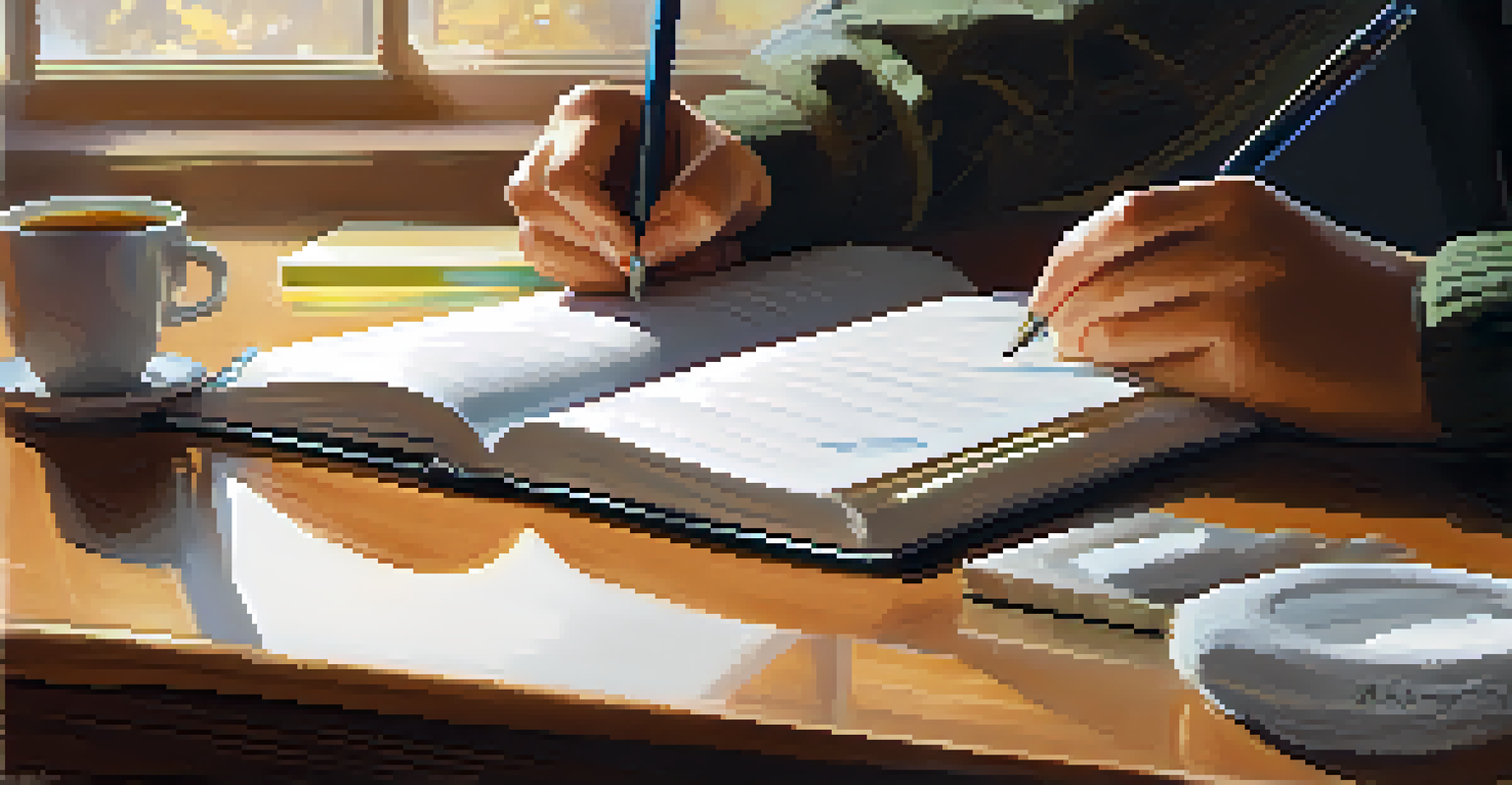 A close-up of a student's hands writing in a journal with a cup of tea beside it, illuminated by soft warm light.