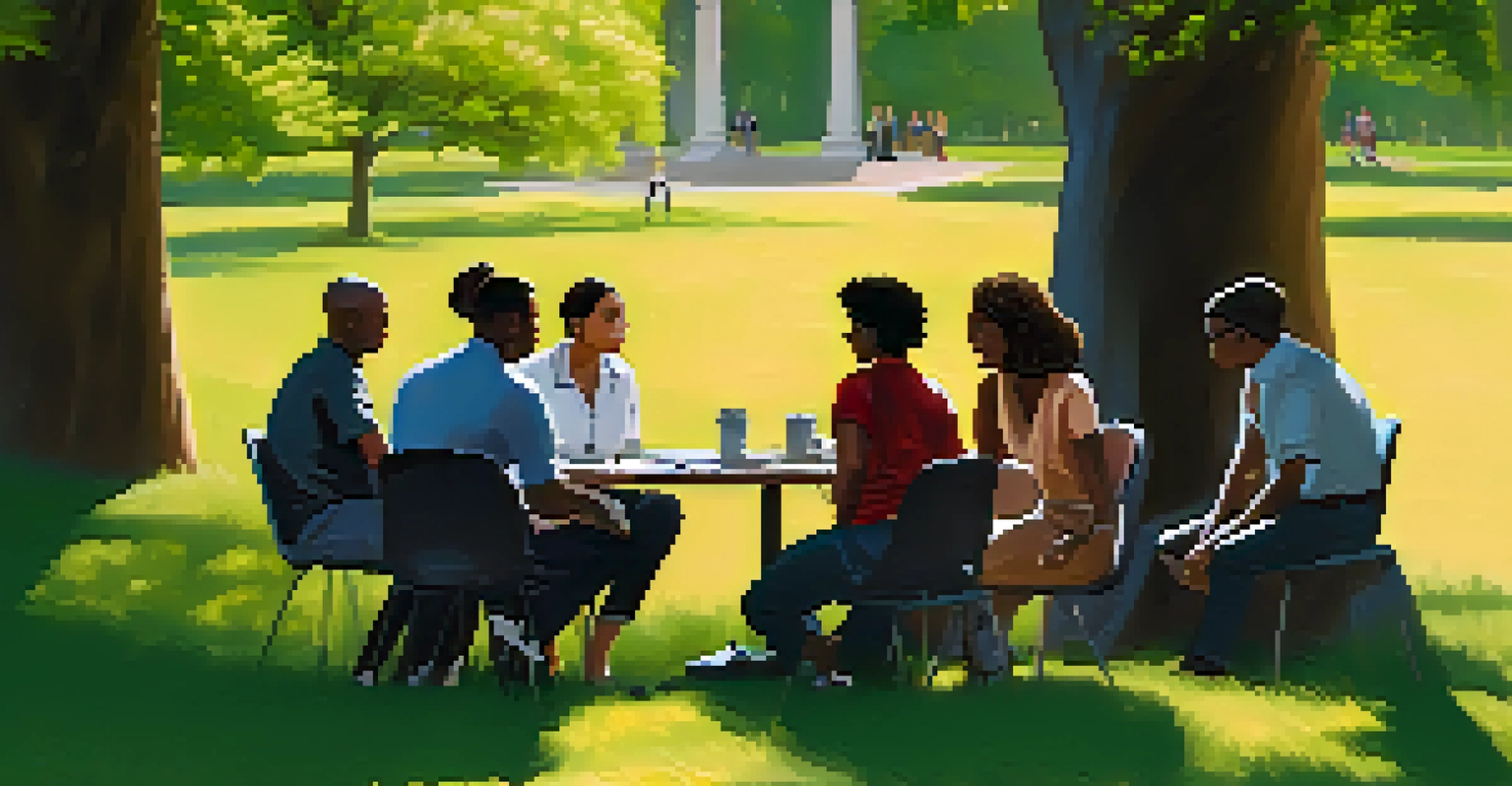 A group mentoring session in a park with a mentor addressing young professionals seated on the grass.