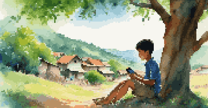 A young student in a remote village using a smartphone for language learning, surrounded by nature.