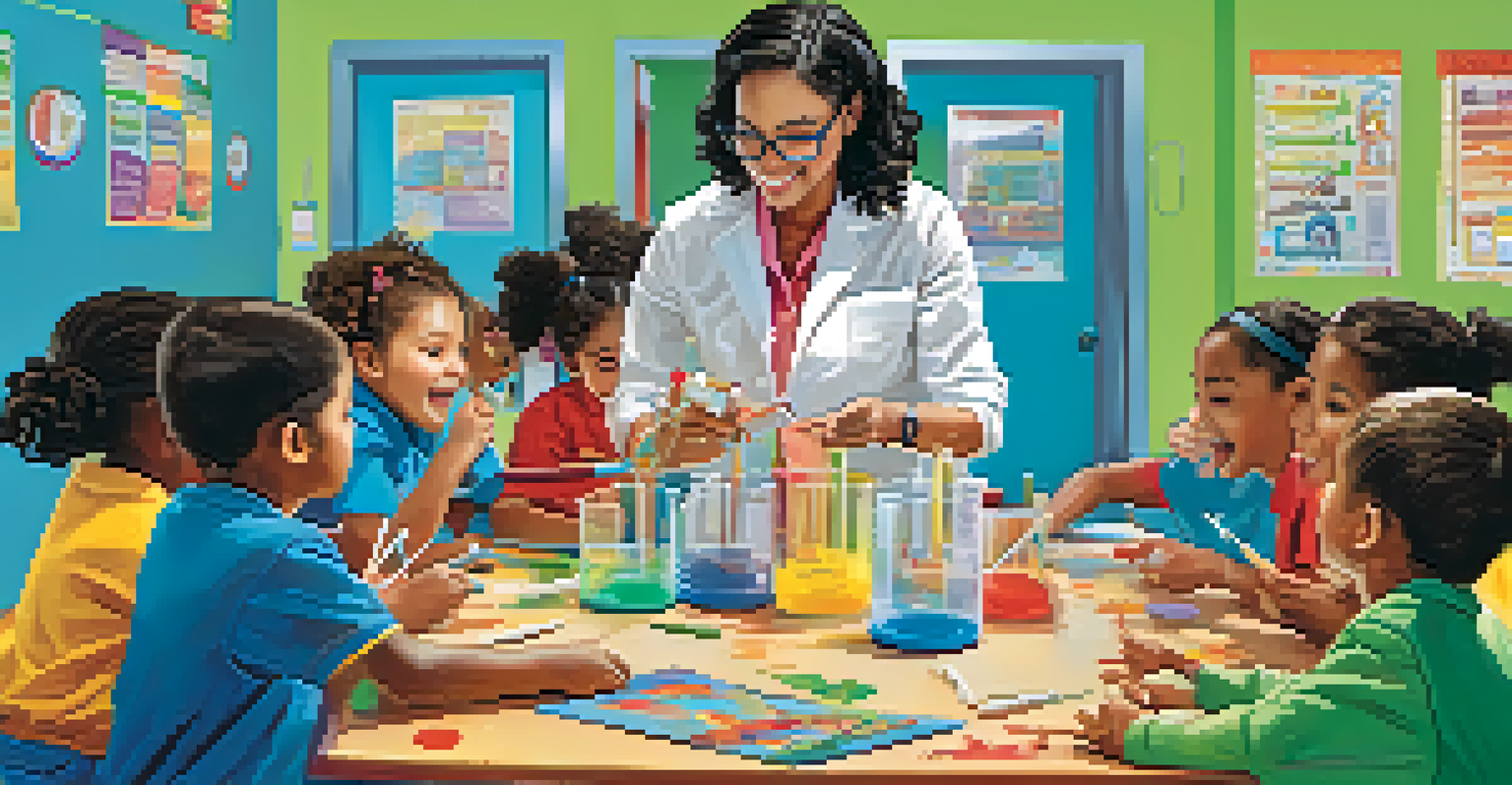 An educator helping children with a science experiment in a colorful classroom, with educational artwork on the walls and engaged children.