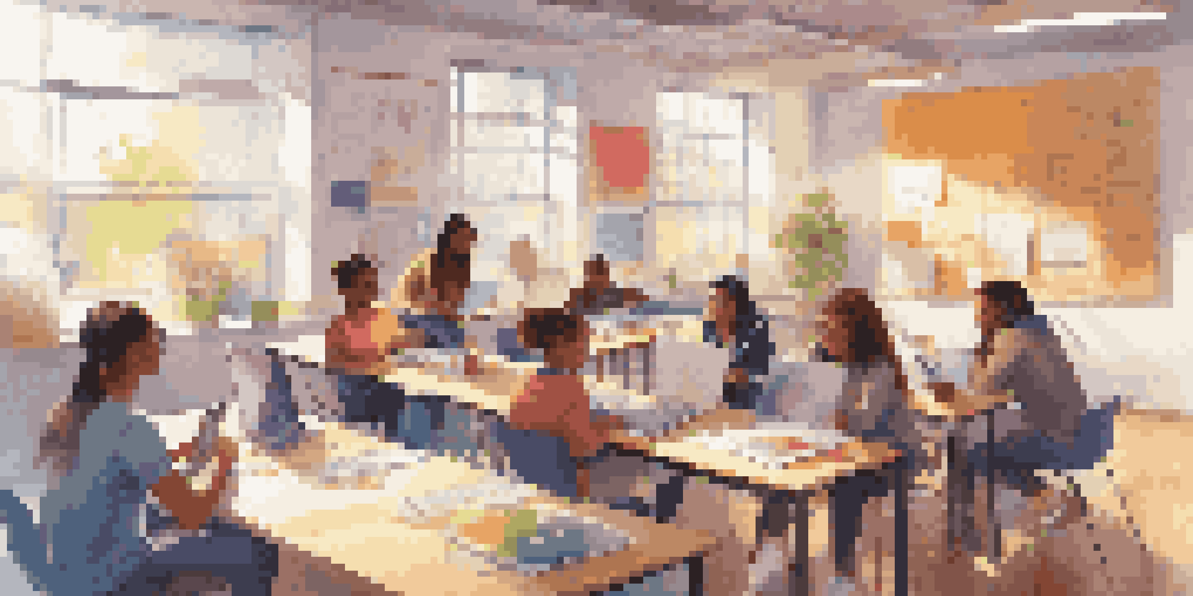 A classroom with students of different backgrounds working together on a project, surrounded by colorful educational materials and technology.