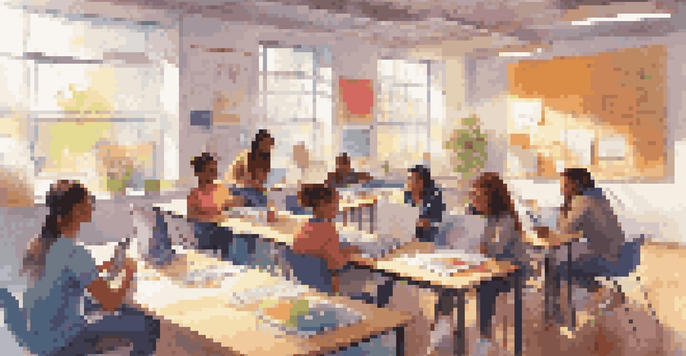 A classroom with students of different backgrounds working together on a project, surrounded by colorful educational materials and technology.