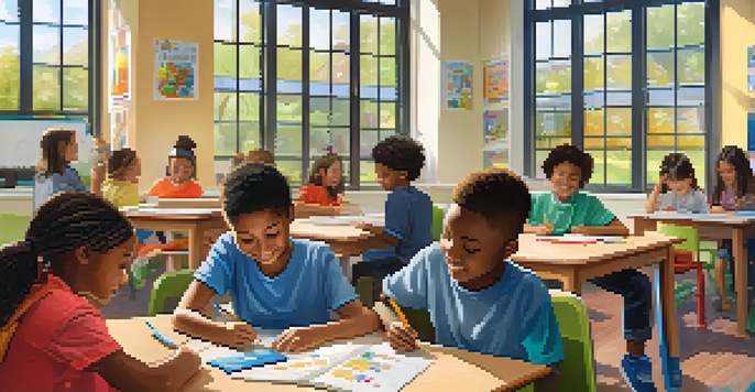 A vibrant classroom with diverse students actively participating in personalized learning, surrounded by educational materials and bright decorations.
