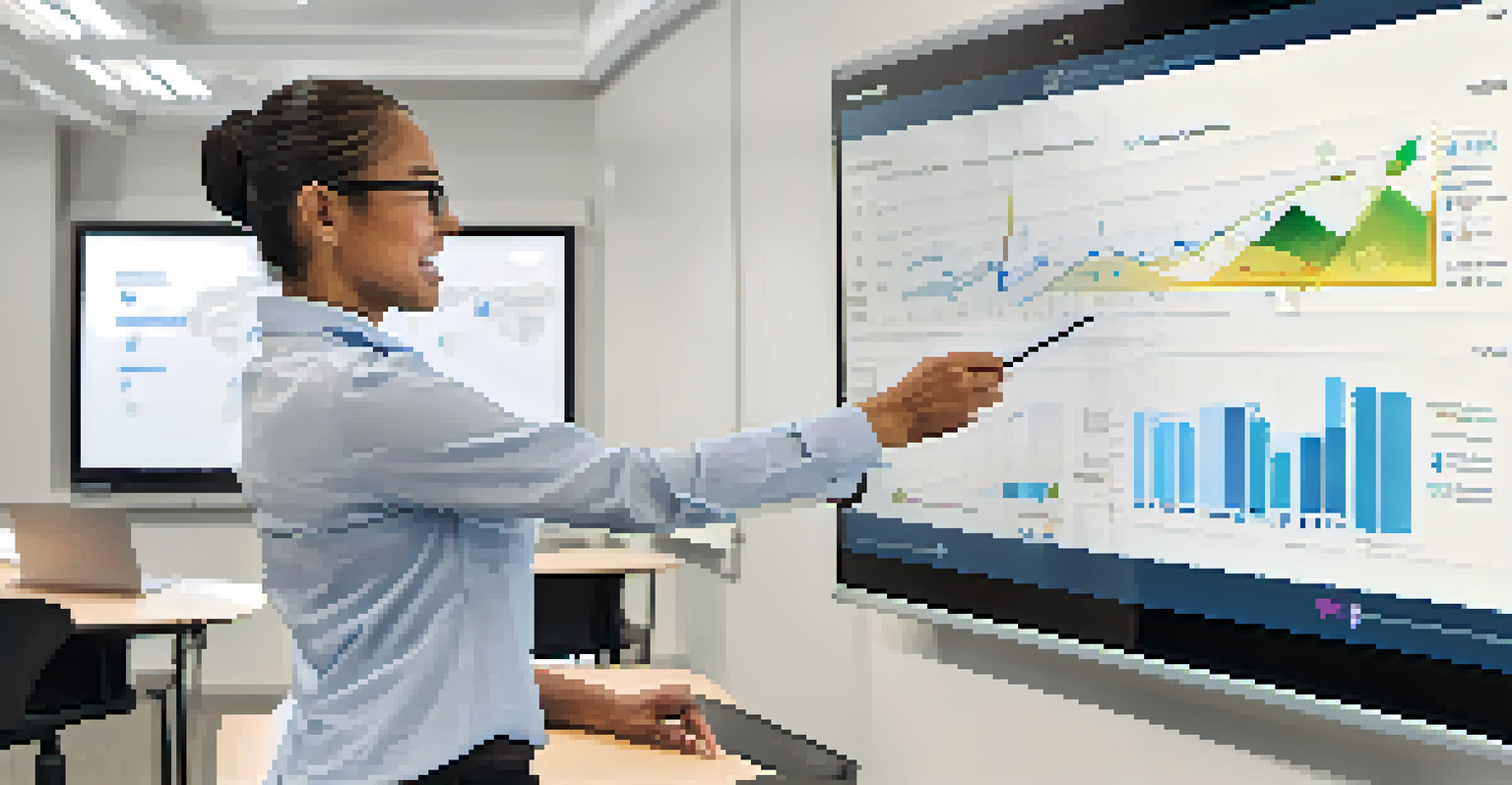 A teacher analyzing AI analytics on a smart board, with colorful charts and graphs displaying student data in a tech-savvy classroom.