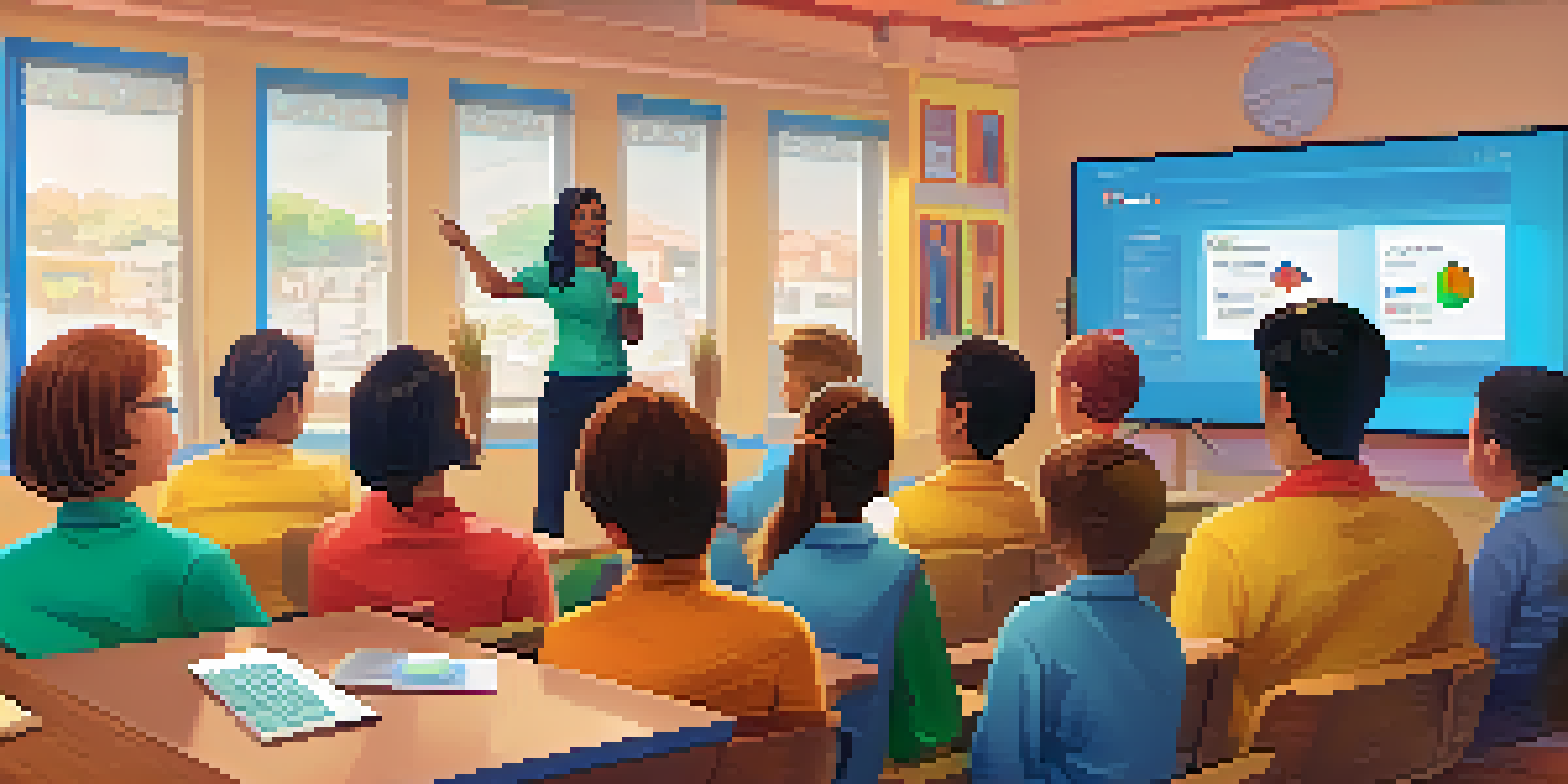 A video conferencing classroom scene with diverse students engaged in an online class, laptops open and hands raised in discussion.