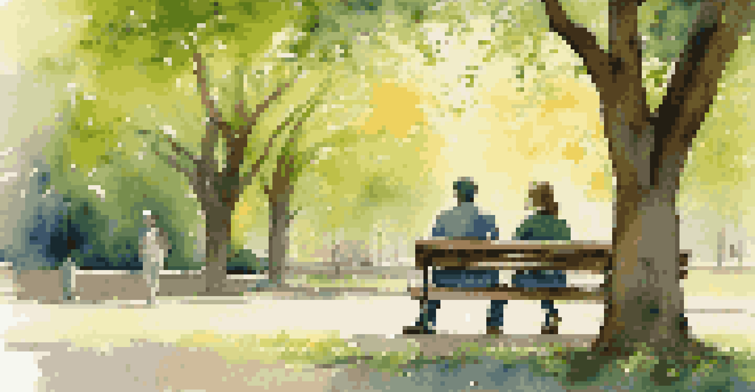 Two people sitting on a park bench engaged in a thoughtful conversation, surrounded by nature, conveying empathy and connection.