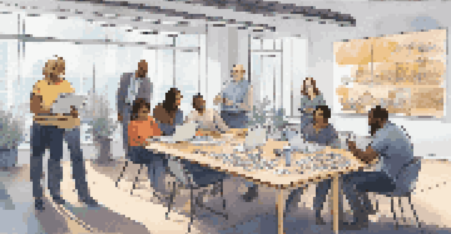 A group of adult learners engaged in a business simulation game, collaborating and strategizing in a modern classroom environment.