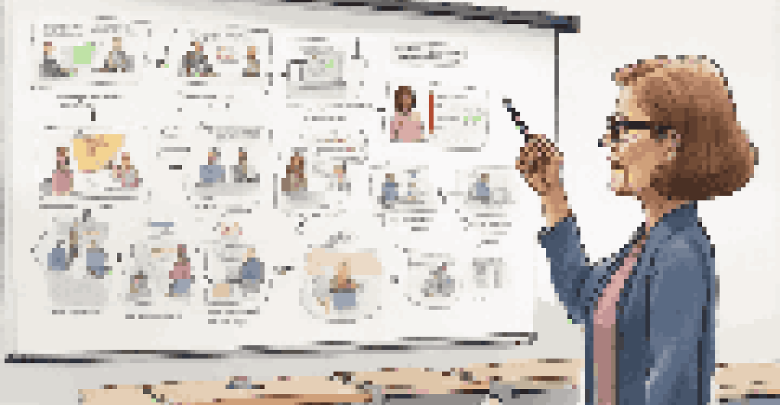 A teacher pointing to a whiteboard with learning objectives while students take notes in a modern classroom setting.