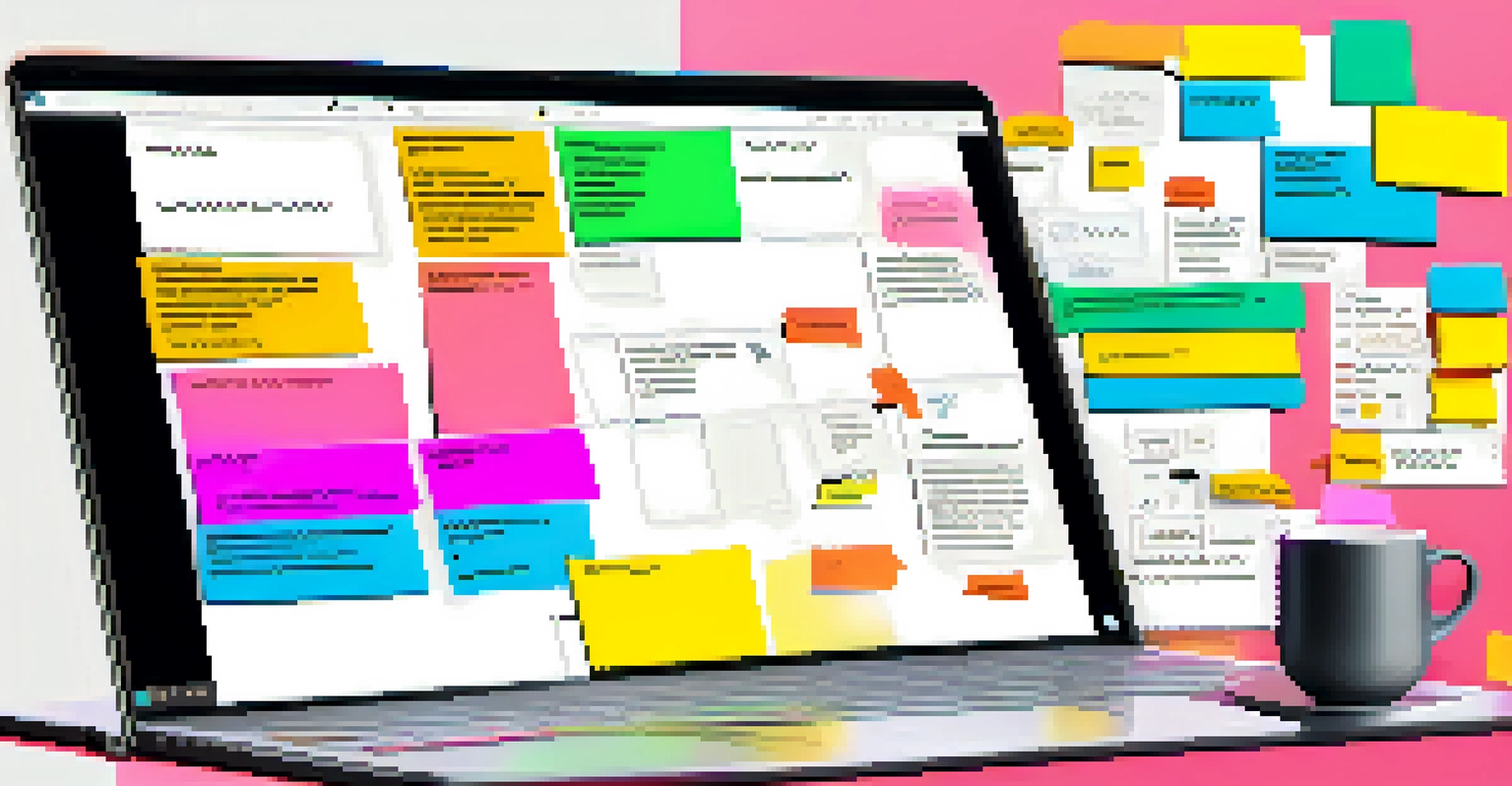 Close-up of a computer screen displaying a colorful digital collaboration platform with sticky notes and diagrams, with hands typing on the keyboard.