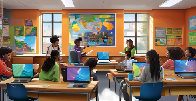A lively classroom with diverse students collaborating on transmedia learning projects, featuring laptops, books, and colorful educational posters.