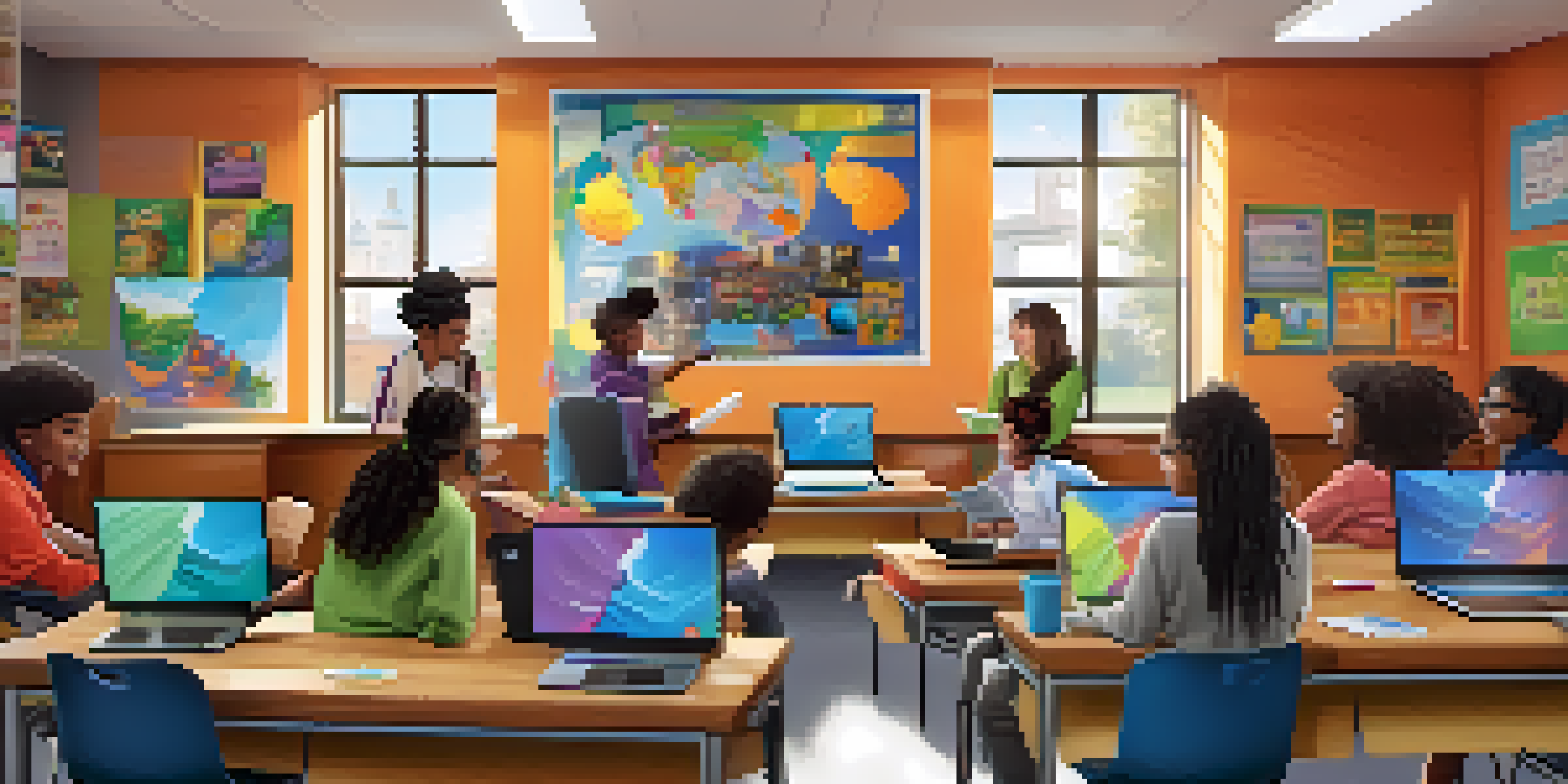 A lively classroom with diverse students collaborating on transmedia learning projects, featuring laptops, books, and colorful educational posters.