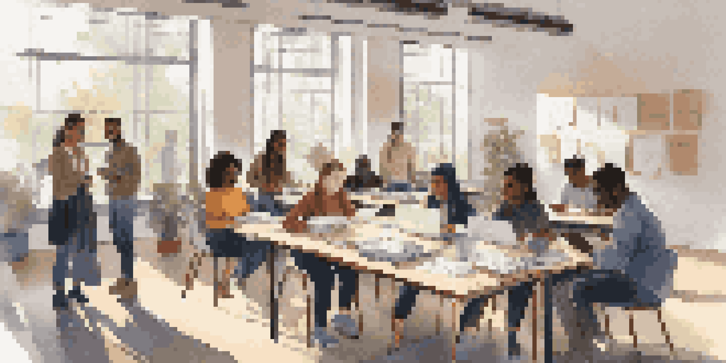 A diverse group of students and educators engaged in a workshop on ethical AI practices, discussing ideas around a large table with laptops and notebooks.