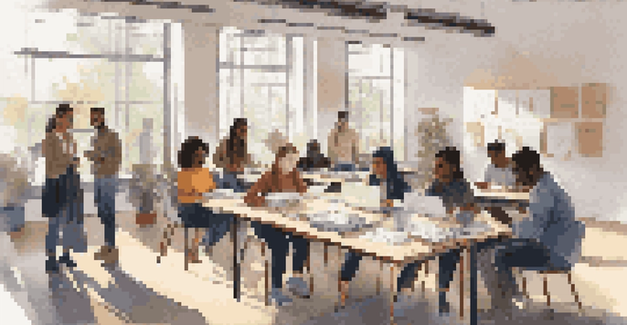 A diverse group of students and educators engaged in a workshop on ethical AI practices, discussing ideas around a large table with laptops and notebooks.