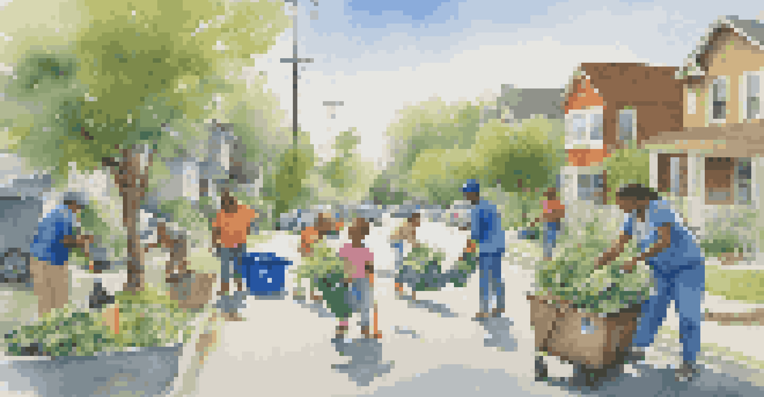 Residents of a neighborhood participating in a recycling initiative, sorting materials in a clean and green environment.