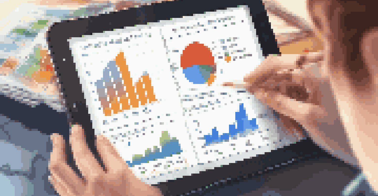 A close-up of a student's hands using a tablet displaying learning analytics, with a blurred background and warm lighting.