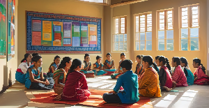 A diverse classroom with students from different cultural backgrounds collaborating and sharing stories, illuminated by sunlight through large windows.