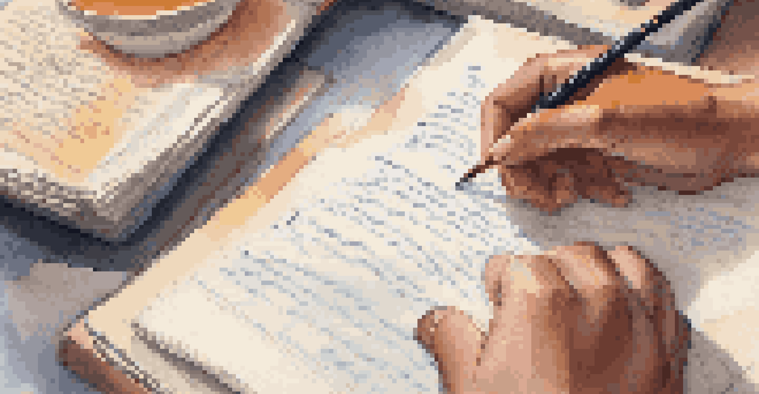 A close-up of hands taking notes and providing feedback on an essay, surrounded by a warm and inviting study atmosphere.