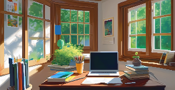 A warm and inviting home study space featuring a desk with a laptop, books, and colorful charts, illuminated by a desk lamp, with a view of green trees outside.
