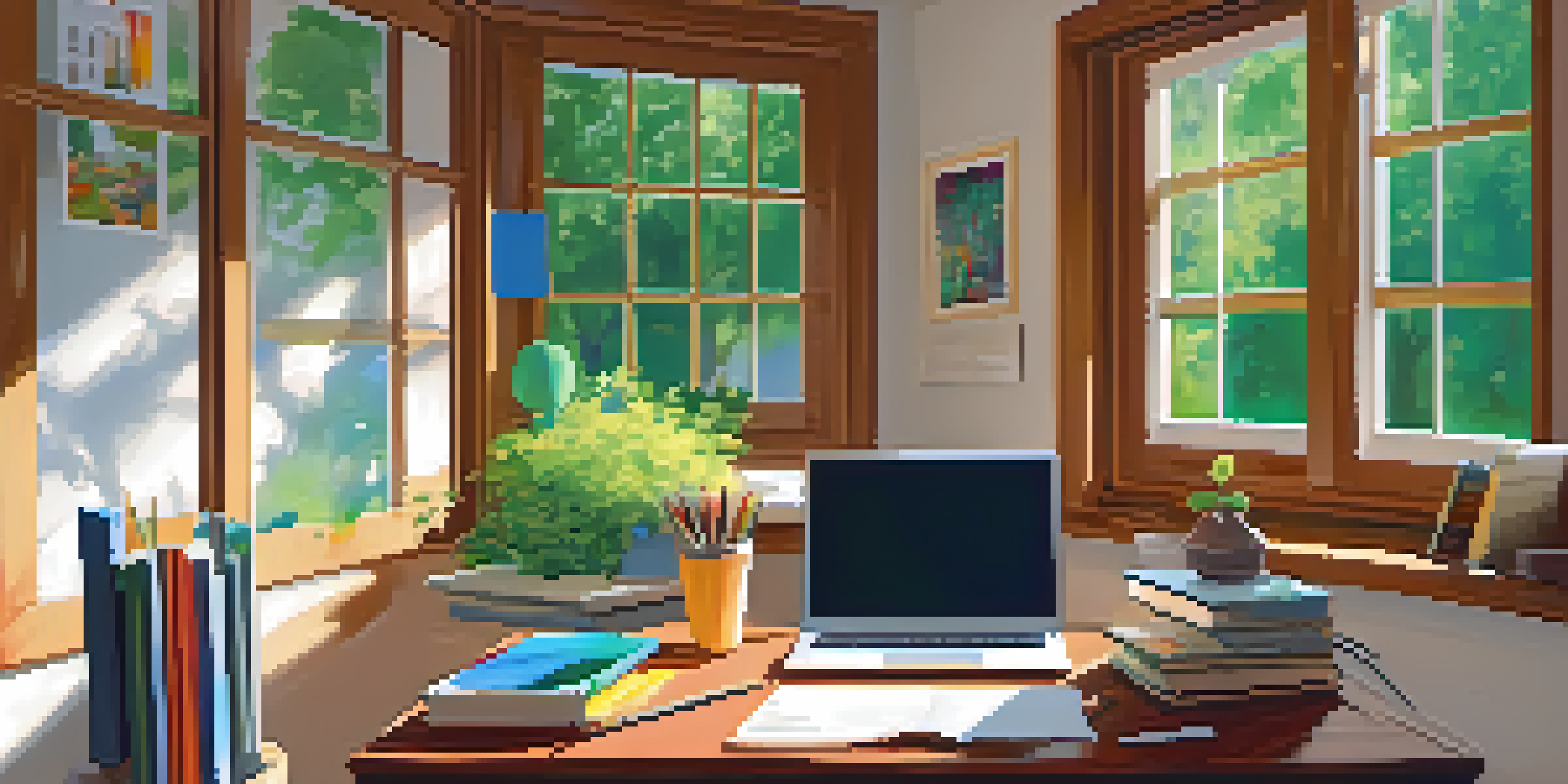 A warm and inviting home study space featuring a desk with a laptop, books, and colorful charts, illuminated by a desk lamp, with a view of green trees outside.