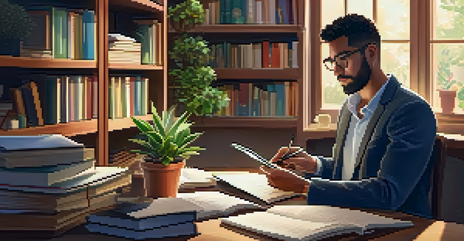 An educator in a cozy office analyzing student assessment data on a tablet, with a backdrop of bookshelves and soft lighting.