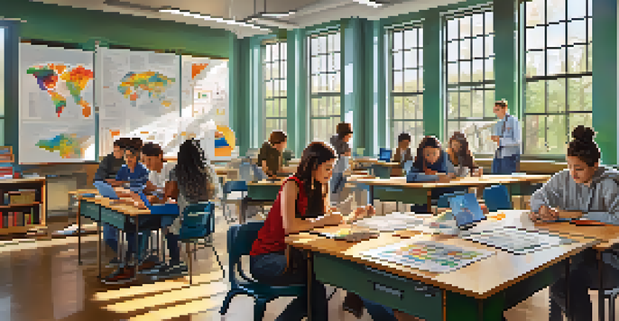 A lively classroom with diverse students collaborating on an interdisciplinary project, surrounded by scientific and artistic materials.