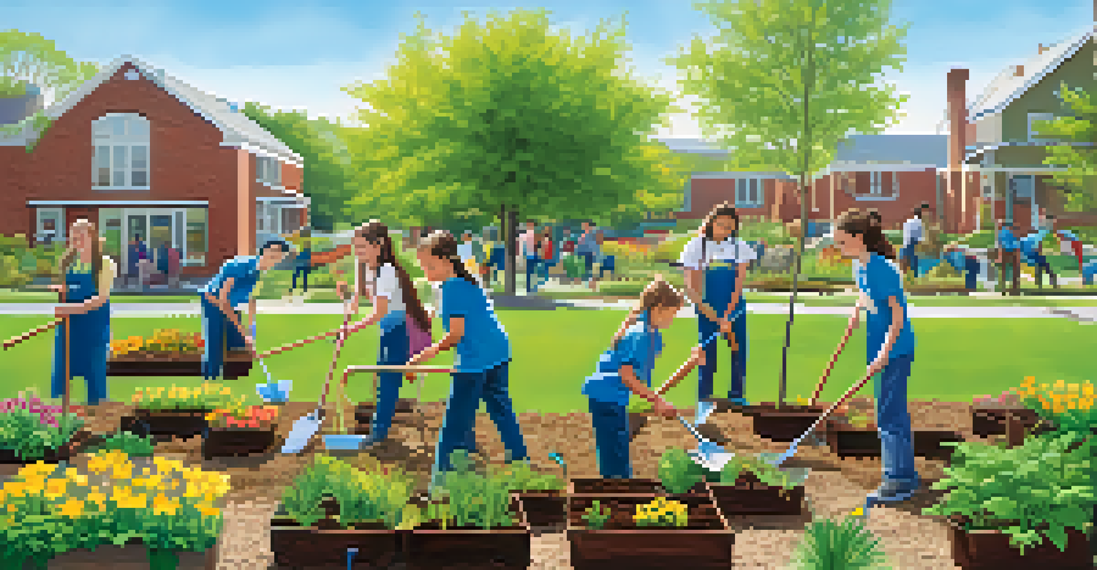 Students joyfully planting trees in a community garden, working together with shovels and watering cans in a vibrant spring setting.