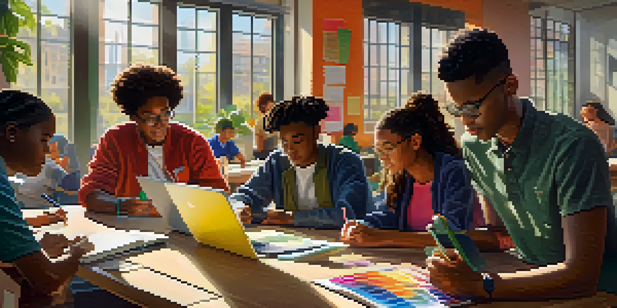 A group of diverse students working together at a table, collaborating on a project with laptops and educational materials.