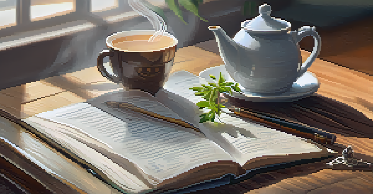 An open mindfulness journal with handwritten notes next to a cup of tea, creating a cozy and reflective atmosphere.