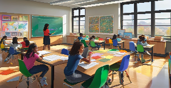 A vibrant classroom with students of various backgrounds working individually, focusing on their personalized learning tasks.