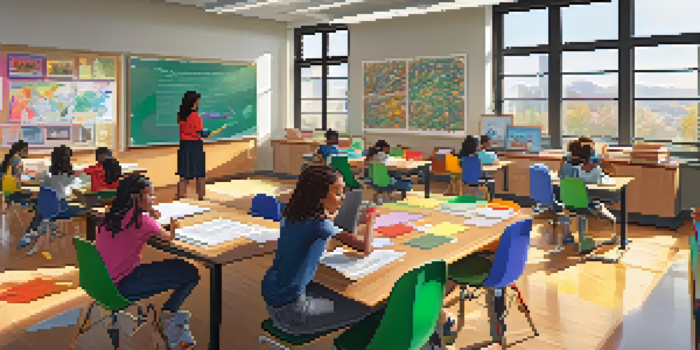 A vibrant classroom with students of various backgrounds working individually, focusing on their personalized learning tasks.