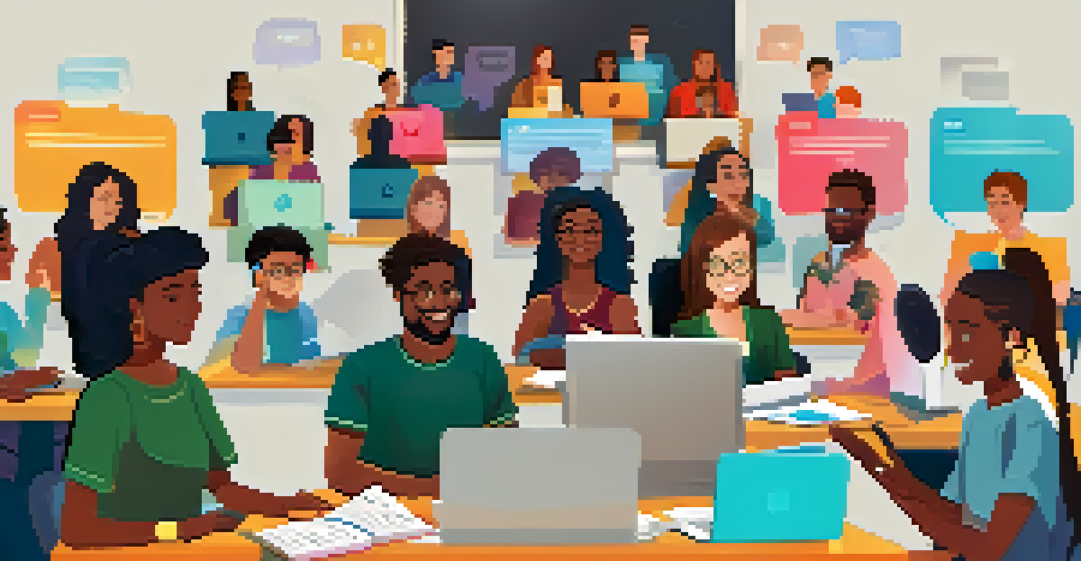 A diverse group of students on a video call, some raising their hands and others typing in the chat, with a colorful interface showing discussion topics on the screen.