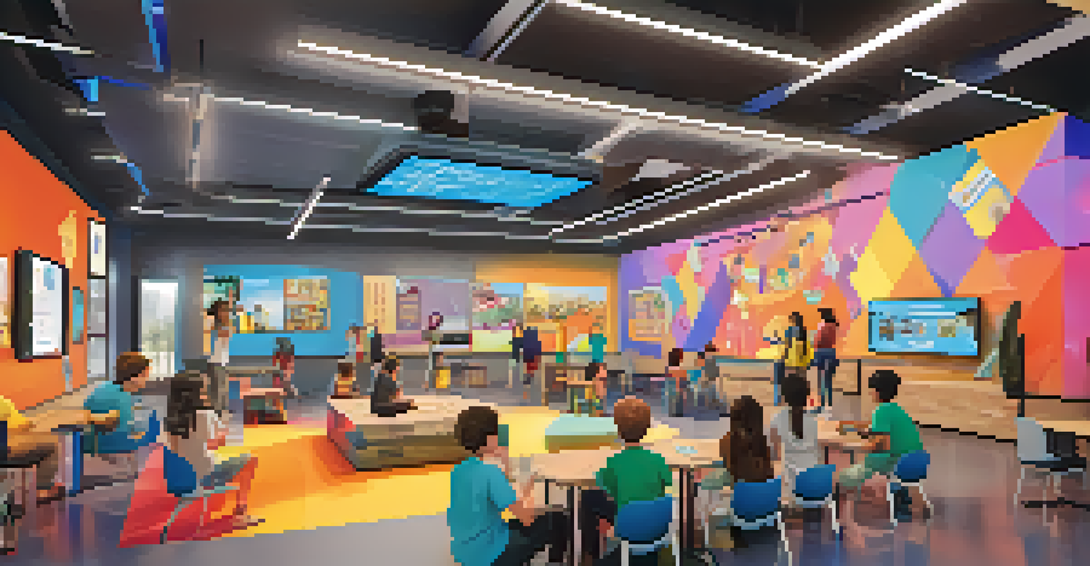 An interactive digital learning space with students collaborating around a screen displaying an educational game, showcasing an energetic and colorful environment.