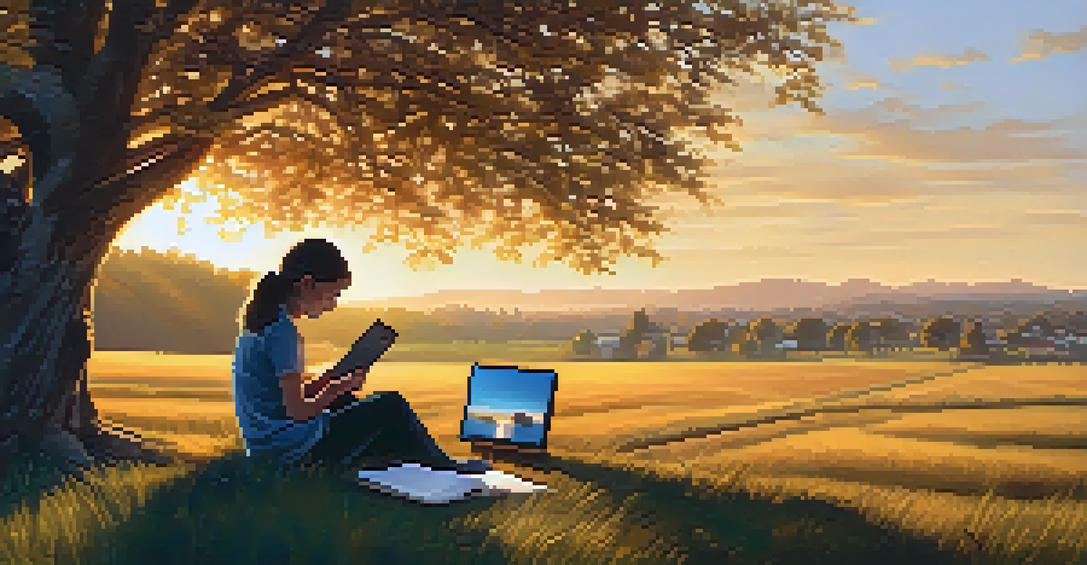 A student sitting under a tree in a rural landscape, using a smartphone for learning, with a beautiful sunset backdrop.