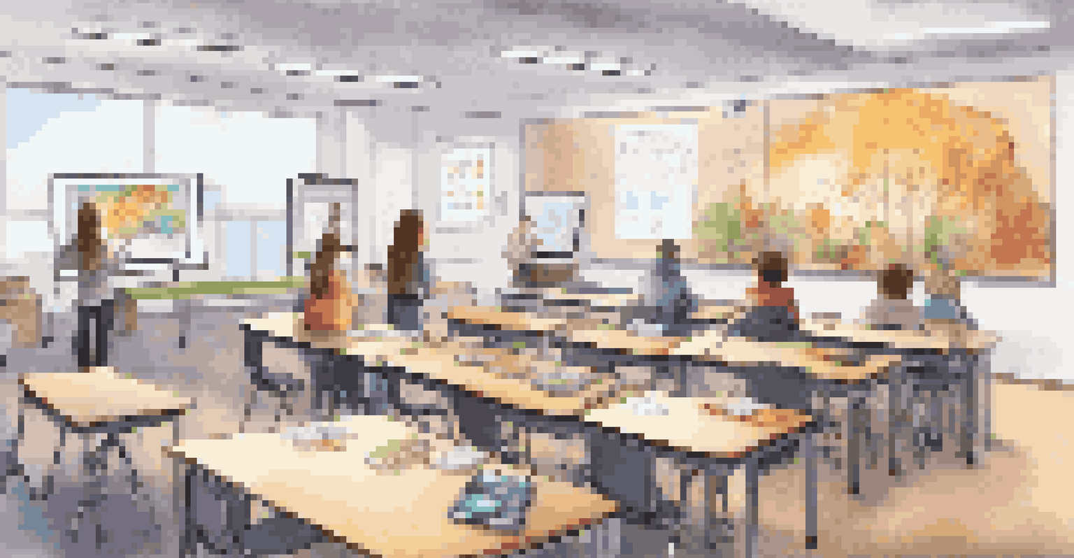 A modern classroom with students using tablets and a digital whiteboard, surrounded by various learning resources.