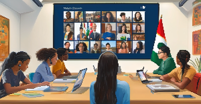 A virtual classroom with diverse students participating in a video conference, surrounded by cultural artifacts.