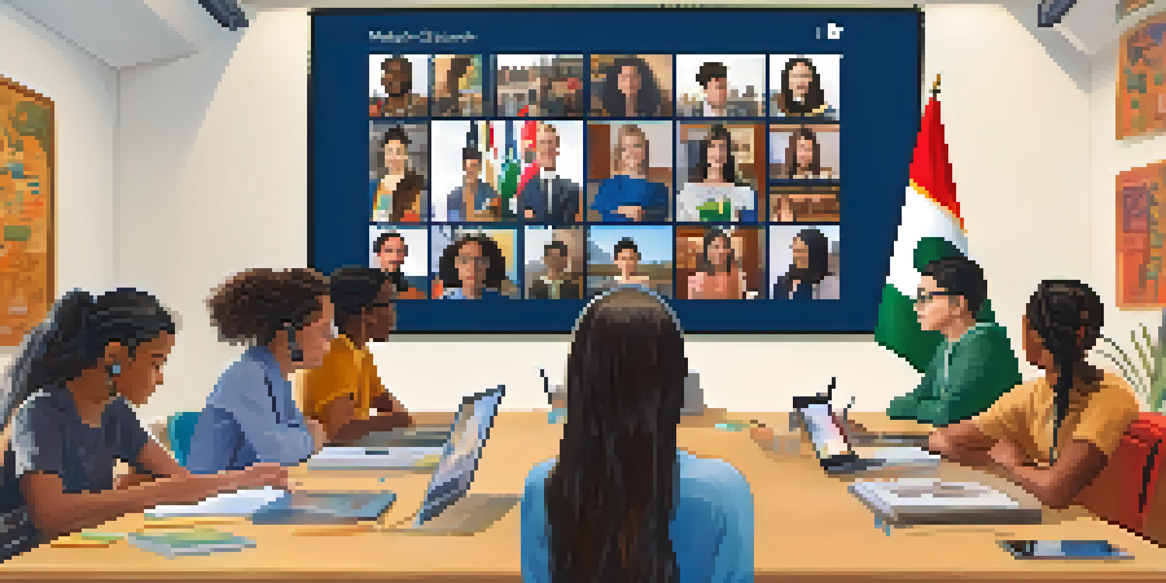 A virtual classroom with diverse students participating in a video conference, surrounded by cultural artifacts.