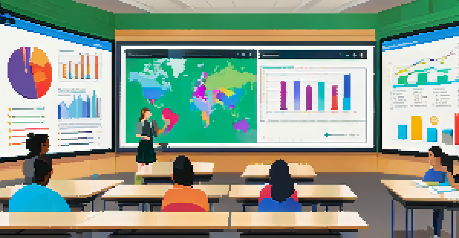 A classroom scene featuring an AI assessment tool on a screen, with a teacher explaining analytics to engaged students.