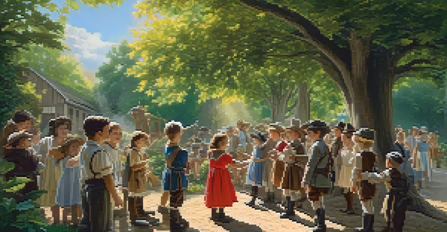 Children in costumes role-playing historical figures in an outdoor setting, surrounded by nature and sunlight.