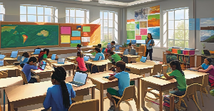 A bright classroom with students participating in blended learning, using laptops while engaging in discussions.