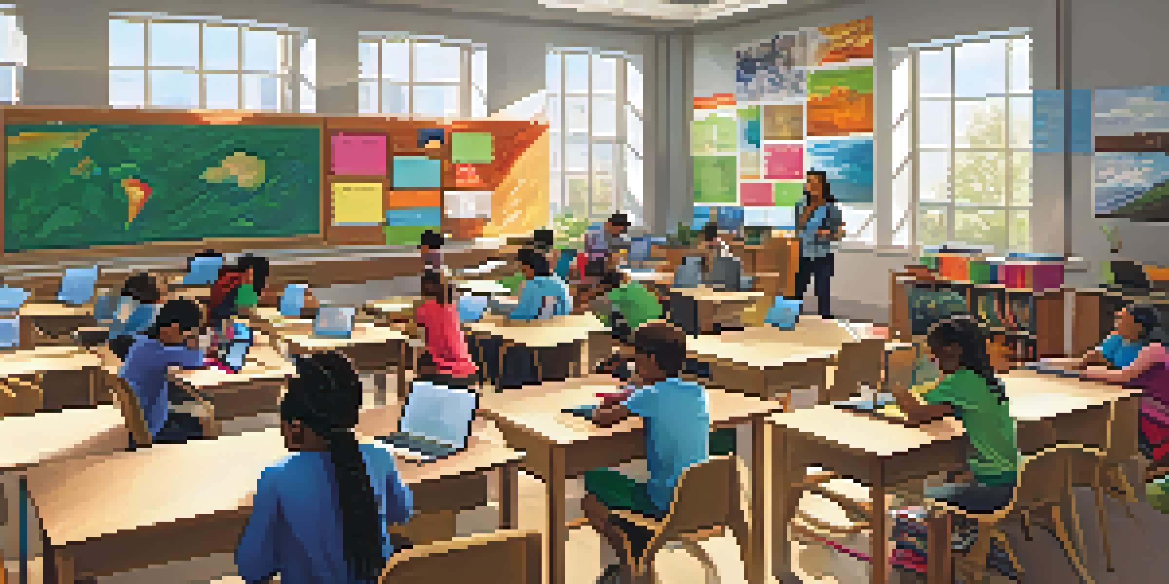 A bright classroom with students participating in blended learning, using laptops while engaging in discussions.