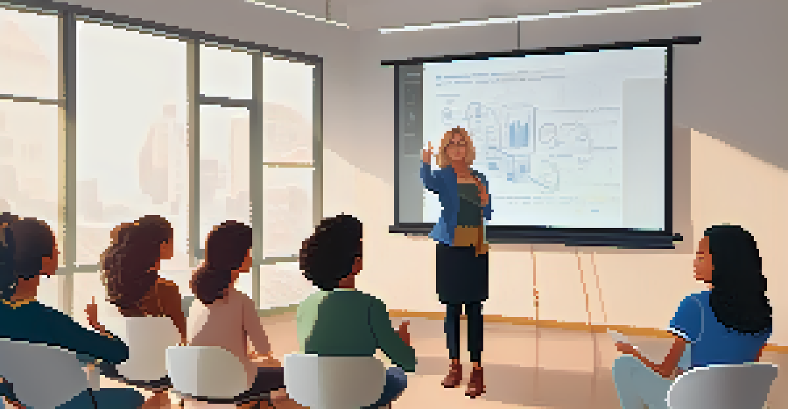 An instructor leading a virtual class with students on a large screen, engaging in a supportive and interactive online learning environment.