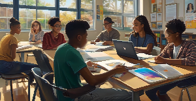 A diverse group of students in a classroom discussing ethical AI, with sunlight illuminating their engaged expressions.