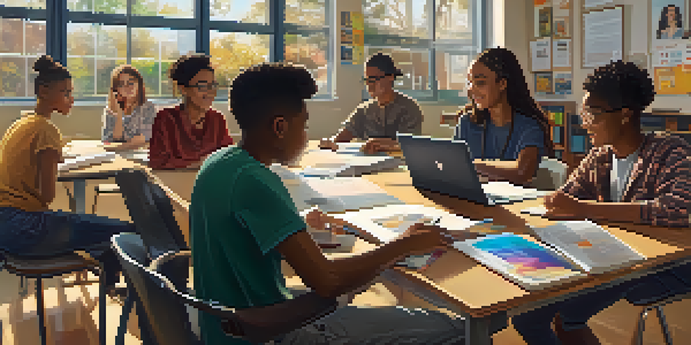A diverse group of students in a classroom discussing ethical AI, with sunlight illuminating their engaged expressions.