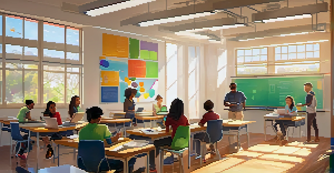 A diverse classroom with students of different backgrounds using laptops and tablets, engaged in digital learning with bright sunlight coming through the windows.
